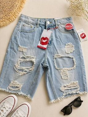 Hot Kiss Light Blue Distressed Bermuda Shorts